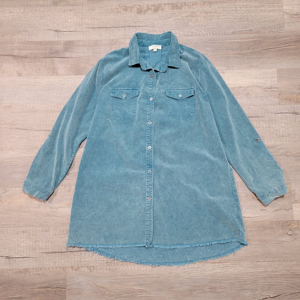 Umgee XL Corduroy Button Up Shacket Shirt Green Boho Long Tunic Roll‎ Tab Sleeve